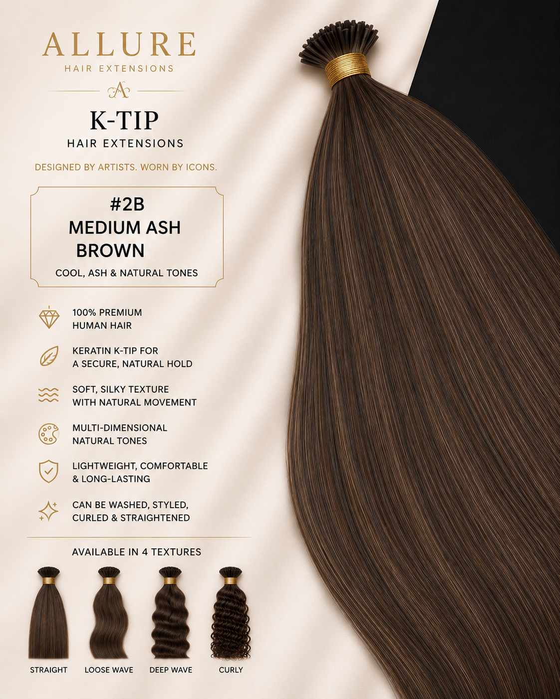 K-TIP Hair Extension - Medium Ash Brown 2B