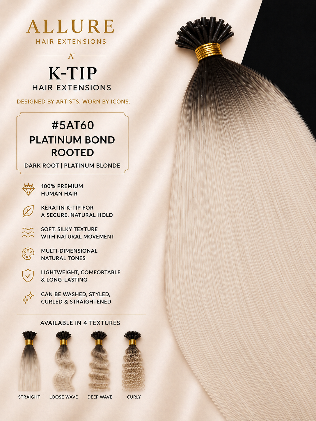 K-TIP Hair Extension - Rooted Lightest Ash Blonde 5AT60