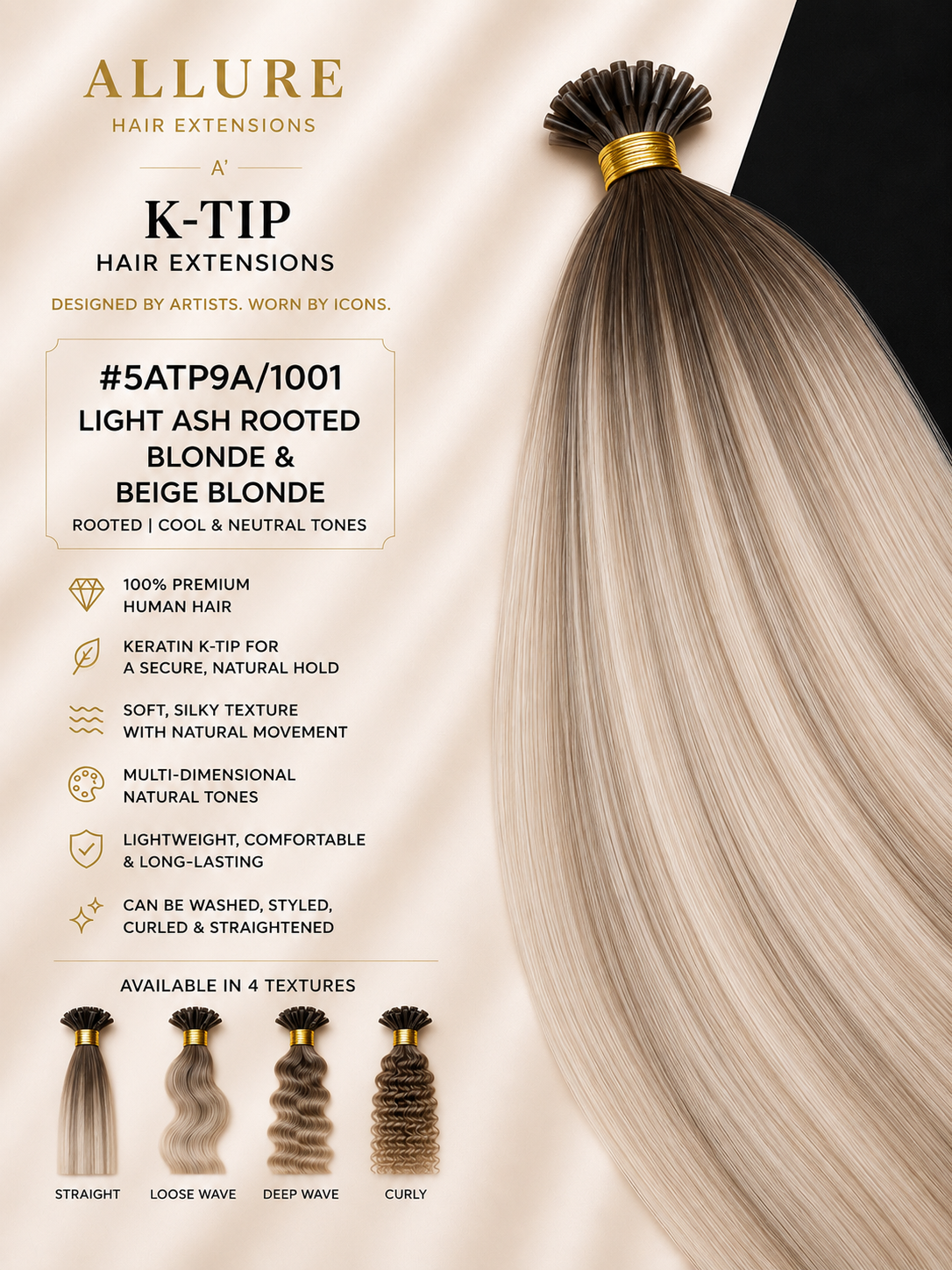K-TIP Hair Extension - Rooted Lightest Ash blonde & Beige Blonde 5ATP9A/1001