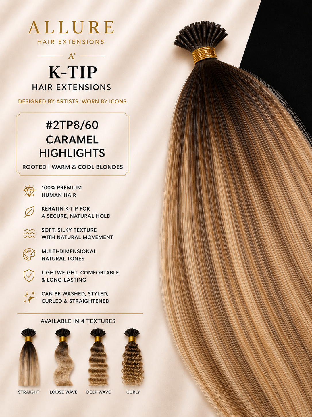 K-TIP Hair Extension - Rooted & Highlighted, Brown &  Blonde 2TP8/60